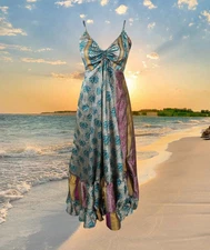Bohemian Summer Halter Dress for Women, Maxi Dress, Gray Blue Floral Dress, S/M