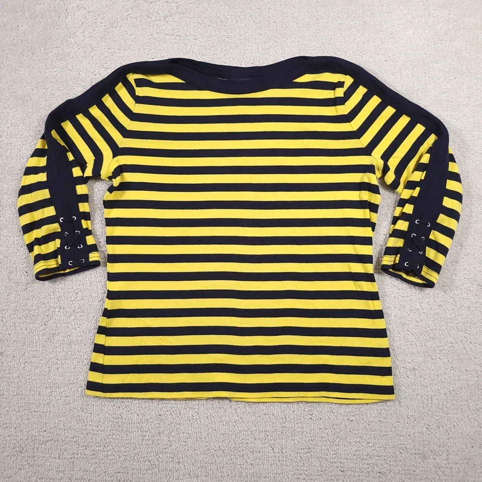 Camisa Chaps Para Mujer Grande Azul Marino y Amarillo Rayas Tejida Manga 3/4 Cuello Barco Foto 1 de 4