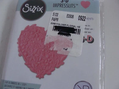 Nuevo en Paquete 2021 Sizzix 3-D Impresslits Carpeta de Grabado Troquel Floral Corazón 665743 Foto 1 de 4