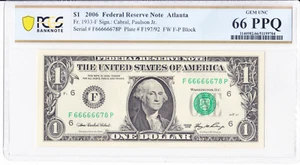 2006 $1 FRN Atlanta Fr.1933-F PCGS 66PPQ Fancy Serial F66666678P Solid 6 - Picture 1 of 2