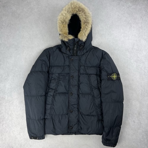 Stone Island Crinkle Reps piumino pelliccia cappuccio puffer giacca cappotto medio blu navy 3412