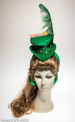St. Patrick's Day Mini Top Hat Hand Decorated Gr Velour Shamrock Feathered Hat - Image 1 of 4