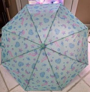 JUSTICE UMBRELLA MERMAIDS/DOLPHINS/SEA SHELLS FOLDING 9” AQUAMARINE SUPER CUTE!! - Picture 1 of 3