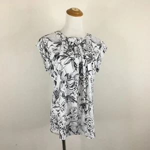KARL LAGERFELD Womens sz Medium White Black Floral Bow Collar Pleat Shirt Top - Picture 1 of 12