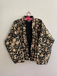 WRAP LONDON QUILTED KIMONO JACKET Size US 8 / UK 12 Black and Tan - COZY - Picture 1 of 6