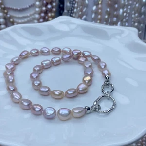 classic 9-10mm south sea baroque   pink pearl necklace 18inch 925s - Picture 1 of 4