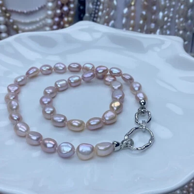 classic 9-10mm south sea baroque   pink pearl necklace 18inch 925s - Image 1 of 4