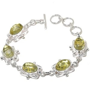 Rutilated Quartz Gemstone Handmade 925 Sterling Silver Jewelry Bracelet Sz 7-8" - Picture 1 of 1