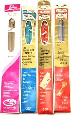 Vtg NOS J&P Coats Lighting Assorted Metal Nylon Zippers Beige Aqua Orange Gray - Image 1 of 2