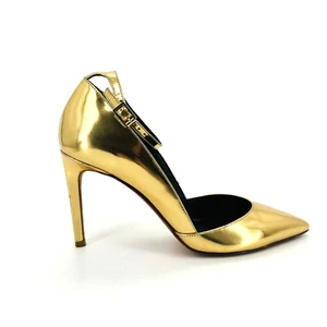 Womens 8 M Diane Von Furstenberg Gold Leather Ankle Strap High Heels Pointed Toe - Picture 1 of 11