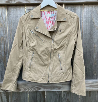 Chaqueta de moto de lona Boden caqui tostado cremalleras broches forro rosa talla EE. UU. 6 Foto 1 de 4