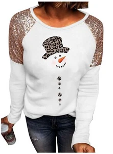 Leopard Christmas Trees Snowflake Sequined Splicing Blouse T Shirts for Women... - Picture 1 of 1