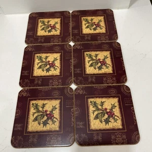 Vintage Pimpernel Natale Agrifoglio Sottobicchieri Sughero Decorazione Festività Arte Set di 6 - Foto 1 di 3