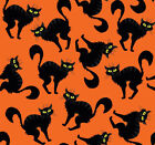 45 x 36 Halloween Creepy Black Cats on Orange 100% Cotton Fabric