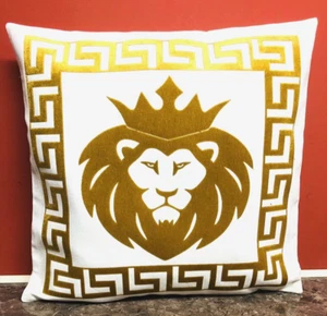 Simba Lion King With Greek Key Velvet Decorative White & Gold Cushion Cover - Picture 1 of 4