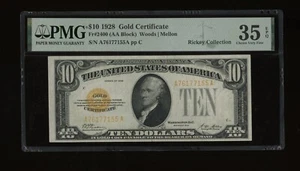 DBR 1928 $10 Gold Certificate Fr. 2400 PMG 35 EPQ Serial A76177155A - Picture 1 of 2