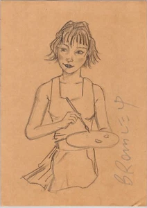 David Bromley Original DRAWING on BROWN PAPER 30x20cm GIRL ARTIST WITH PALETTE - Picture 1 of 2