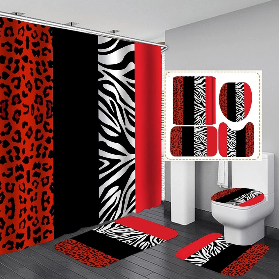 Jieprom 4PCS Leopard Print Shower Curtain Set with Rug, Toilet Lid Cover and Bat - Изображение 1 из 4