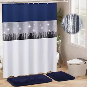 Shower Curtain Set Navy Blue Bathroom Sets with Shower Curtain and Rugs Glitt... - Picture 1 of 7