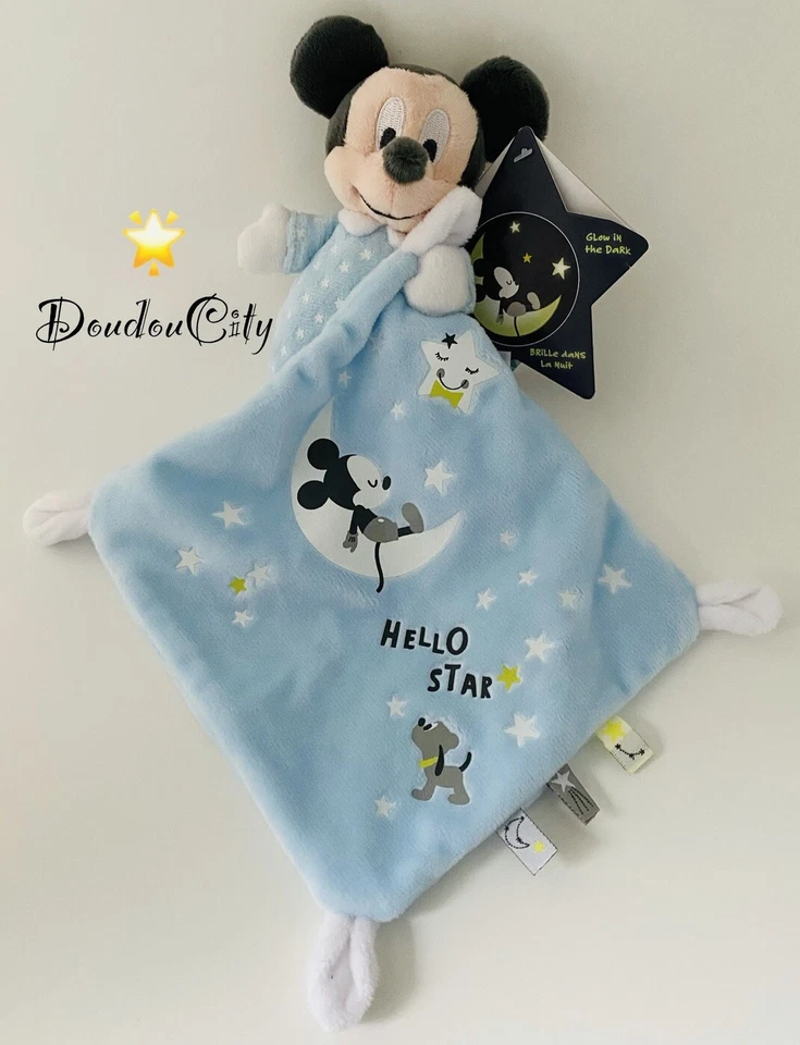 4348🌟Doudou Plat Mouchoir Mickey Mouse DISNEY BABY Hello Star Bleu Luminescent - Photo 1/3
