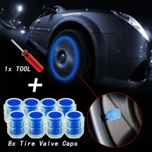 8x Fluorescence Car Truck Wheel Tire Caps Air Valve Stem Cover Blue & 1x tool - Picture 1 of 16