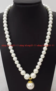 Pretty 8mm White South Sea Shell Pearl Round Beads Pendant Necklace 18'' AAA - Picture 1 of 12