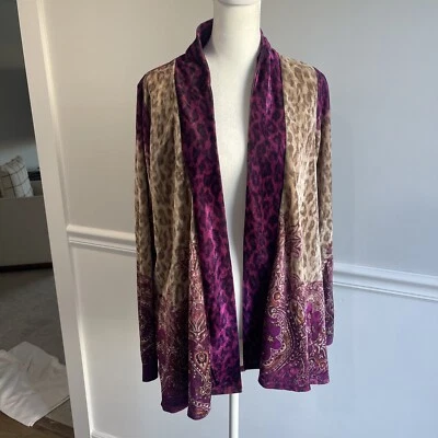 One World Long Sleeve Velvet Cardigan Purple Leopard Print Stretch Artsy Boho XS - Image 1 of 4