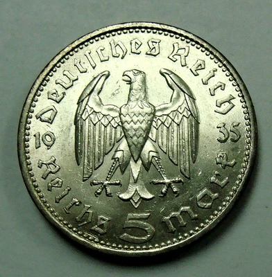 ALEMANIA 1935 MONEDA DE PLATA 5 MARCOS SIN CIRCULAR, ENVÍO GRATIS EN EE. UU. Foto 1 de 2