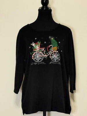 Camisa Quacker Factory Negra Bordada Adornada Tema Navidad Para Mujer’s M Foto 1 de 4