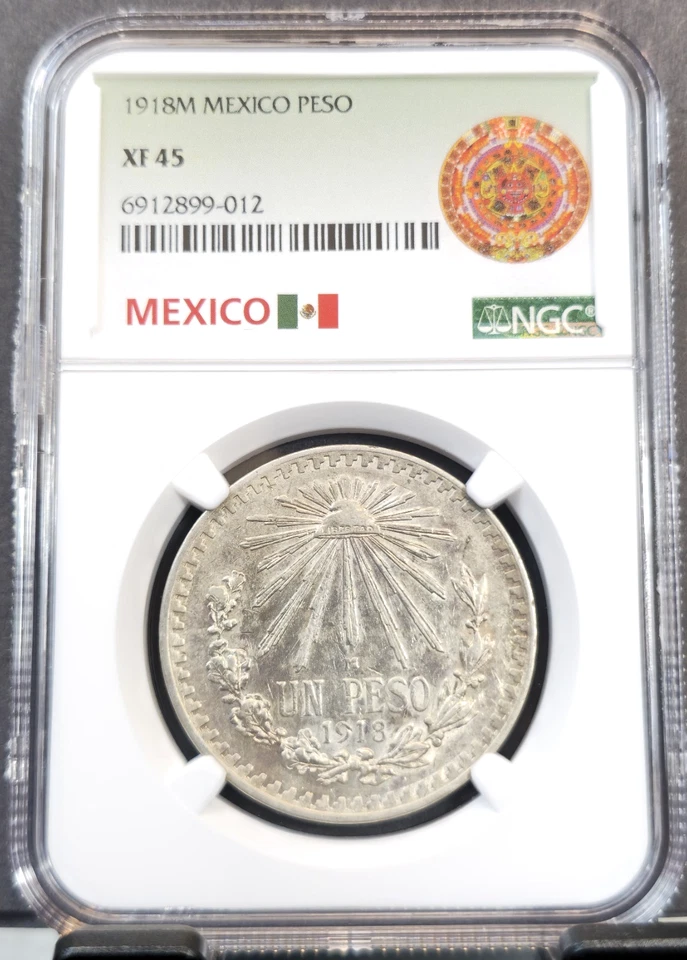 1918 MEXICO SILVER 1 PESO CAP N RAYS NGC XF 45 EXTREMELY RARE KEY DATE - Image 1 of 3