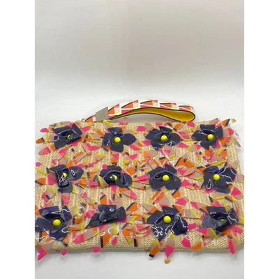 TRINA TURK Women's Beige-Pink Beaded Flower Woven Wristlet Clutch - Image 1 of 4