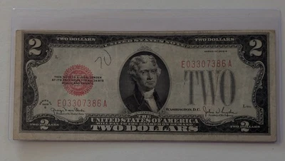 US Two Dollars, 1928 G, $2 Red Seal, Misaligned Cut - Image 1 of 2