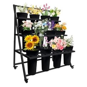 Flower Display Stand with 12 Buckets, Flower Cart 3 Layers, Flower Stand Black - Picture 1 of 7