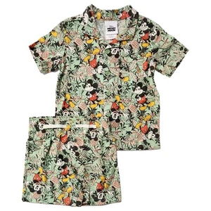 Boys Green Hawaiian Mickey Mouse Linen Button Up Shirt & Shorts Outfit - Picture 1 of 2