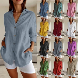 Plus Size Womens Solid Tops Shirt Button Up Long Sleeve Casual Loose Blouse - Picture 1 of 27