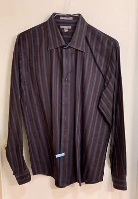 Apt. Camisa social masculina 9 tamanho grande - listra azul marinho, azul e marrom - Imagem 1 de 4