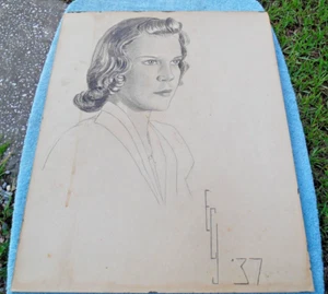 ANTIGUO DIBUJO A LÁPIZ 1937 FIRMADO ARTISTA ECJ RETRATO NIÑA 16 X 20 MUESTRA DESGASTE - Imagen 1 de 19