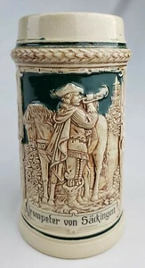 Antico trombettiere a farfalla Stein Tankard birra tedesca in gres XIX secolo Von Sackingen - Foto 1 di 12