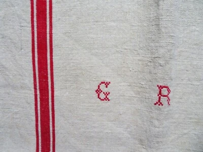 TORCHONS anciens en LIN à LITEAUX ROUGES brodés main GR les 4 - Photo 1/2