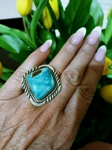 Native American Navajo Turquoise & Sterling Silver Size 9 Handmade Signed Ring - Picture 1 of 12