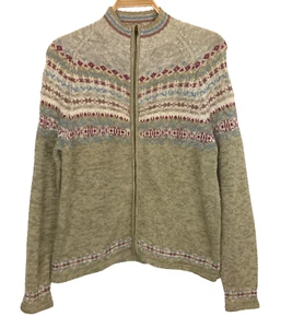 VTG Sweater Women M Green Fair Isle Y2K Full Zip Fair Isle Mock Neck Long Sleeve - Picture 1 of 6