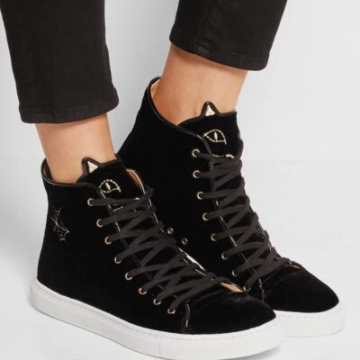 Auténtica Zapatilla deportiva Charlotte Olympia negra de terciopelo púrpura para gatitos de caña alta Foto 1 de 4