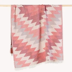Southwest Aztec Blanket Wrap Jacquard Woven Organic Cotton Light Red Pink & Gray - Picture 1 of 11