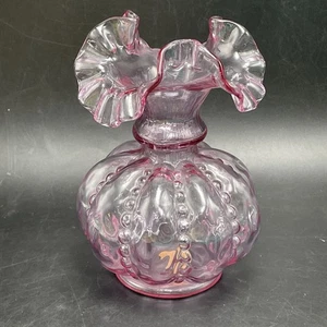 Vtg Fenton Pink Cranberry Glass Melon Vase Ruffled Crimped Rim 5.75” Handmade US - Picture 1 of 7