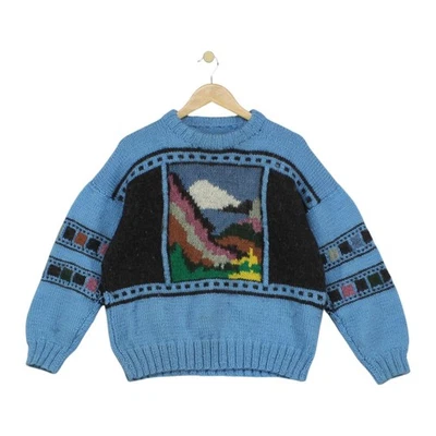 Vintage Chunky Knit Jumper Womens Size M Blue 80s Graphic Pullover - Image 1 of 4