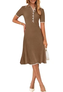 Women's V Neck Ribbed Knit Midi Dress Short Sleeve Button Elegant Bodycon Swe... - Picture 1 of 9