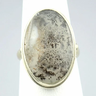 Beautiful Antique Art Deco Silver Tone Bezel Set Moss Agate Cabochon Ring S 6.25 - Image 1 of 4