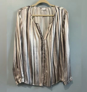 Ecru schöne 100% Seide gestreifte Langarm Bluse gekerbt V-Ausschnitt Knopfleiste XL - Bild 1 von 3