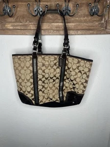 Coach Beaded Canvas Suede Tote Signature Gallery Tan Brown 15"Wx10Ht (G05J8K52) - Picture 1 of 6