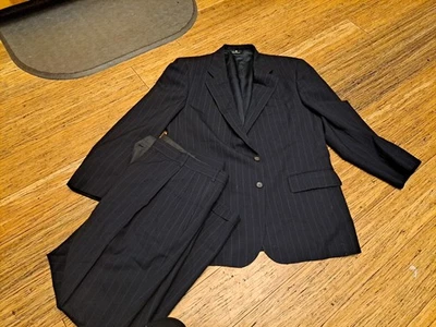 Chaps VirginWool Pinstripe Black Suit, Jacket (42R) / Pants (38)Pleated 3-Button - Image 1 of 4